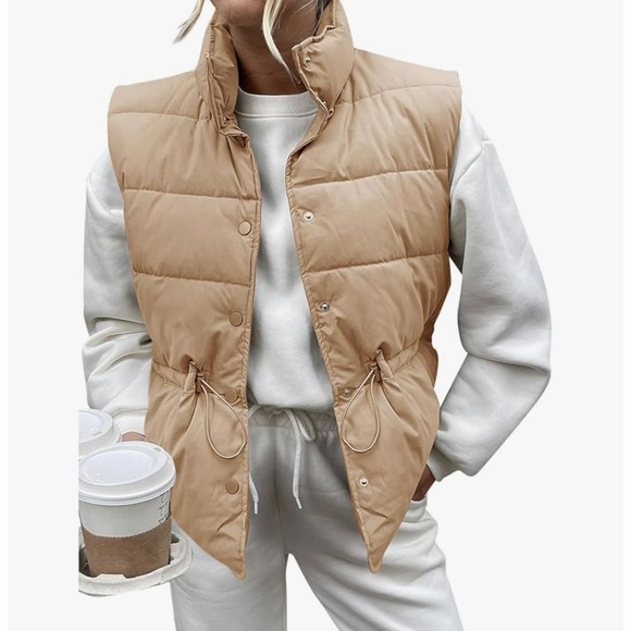 Jackets & Blazers - Womens Puffer Vest‎ Stand Collar Button Down Padded Jacket with Drawstring Waist